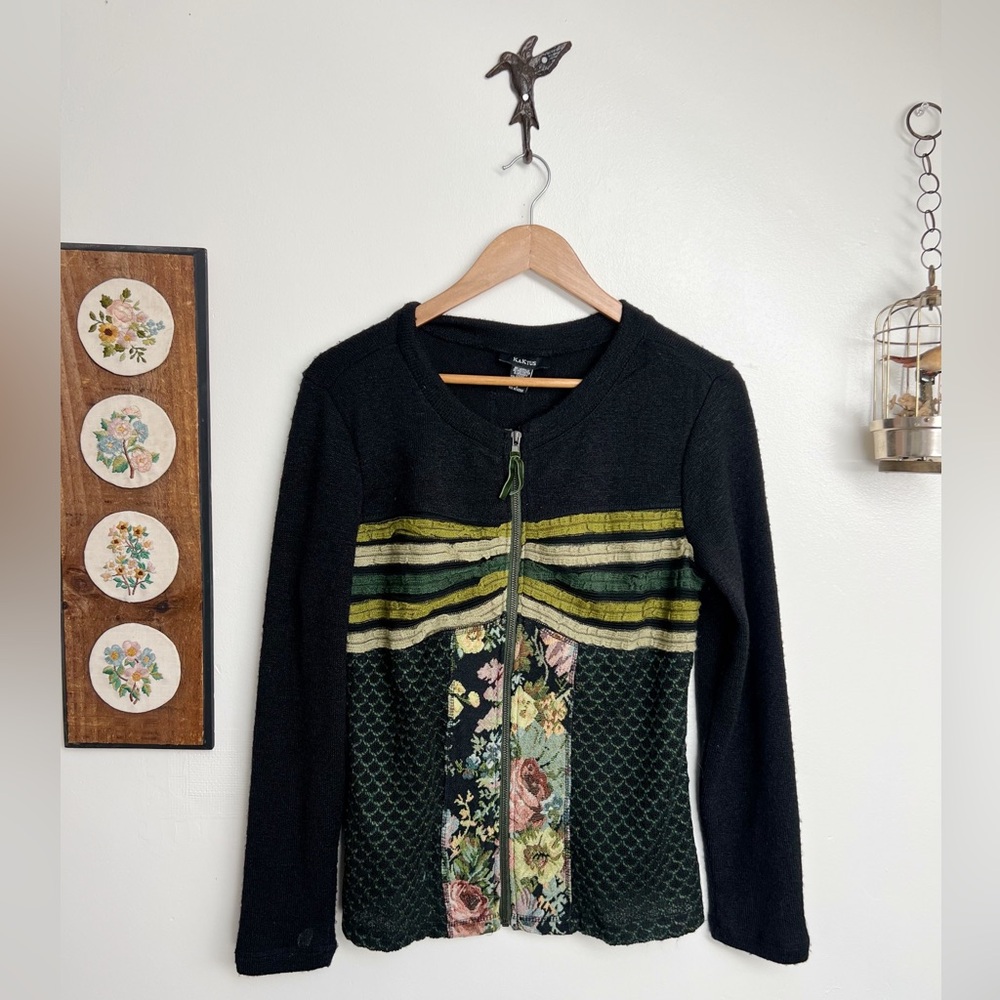 Y2K Tapestry Embroidered Black Zip Up Cardigan Sweater small